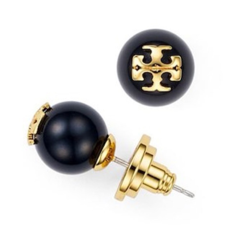 Tory Burch Evie gold logo black pearl earrings - Picture 5 of 7